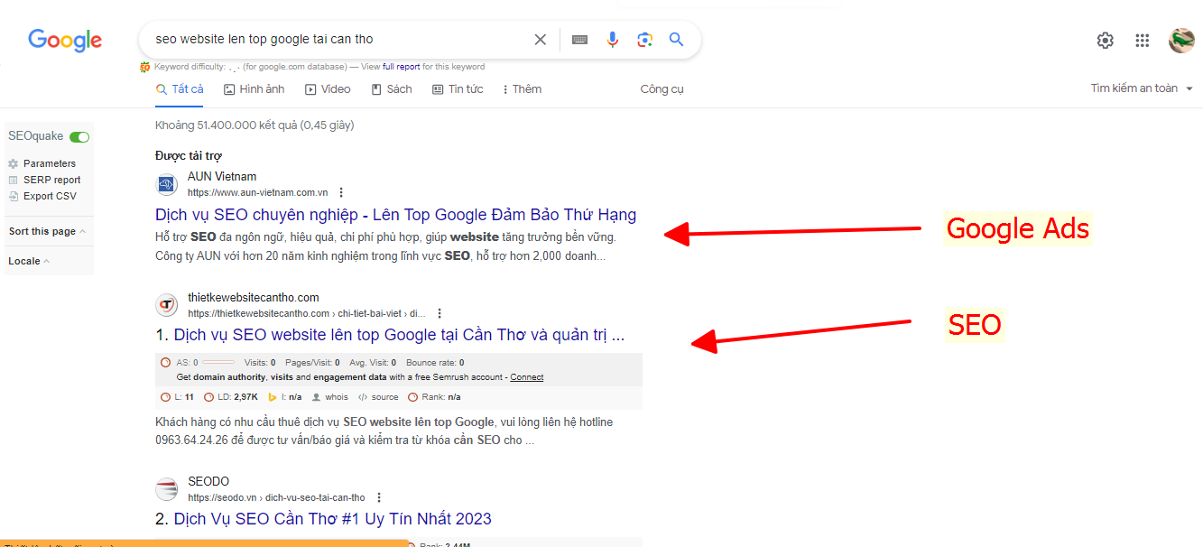 Kết quả tìm kiếm từ khóa SEO website lên top Google tại Cần Thơ